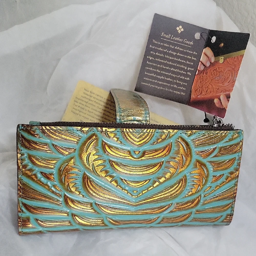 Patrcia Nash Turquoise Tooled Leather Wallet with Bronze Design RFID Protect